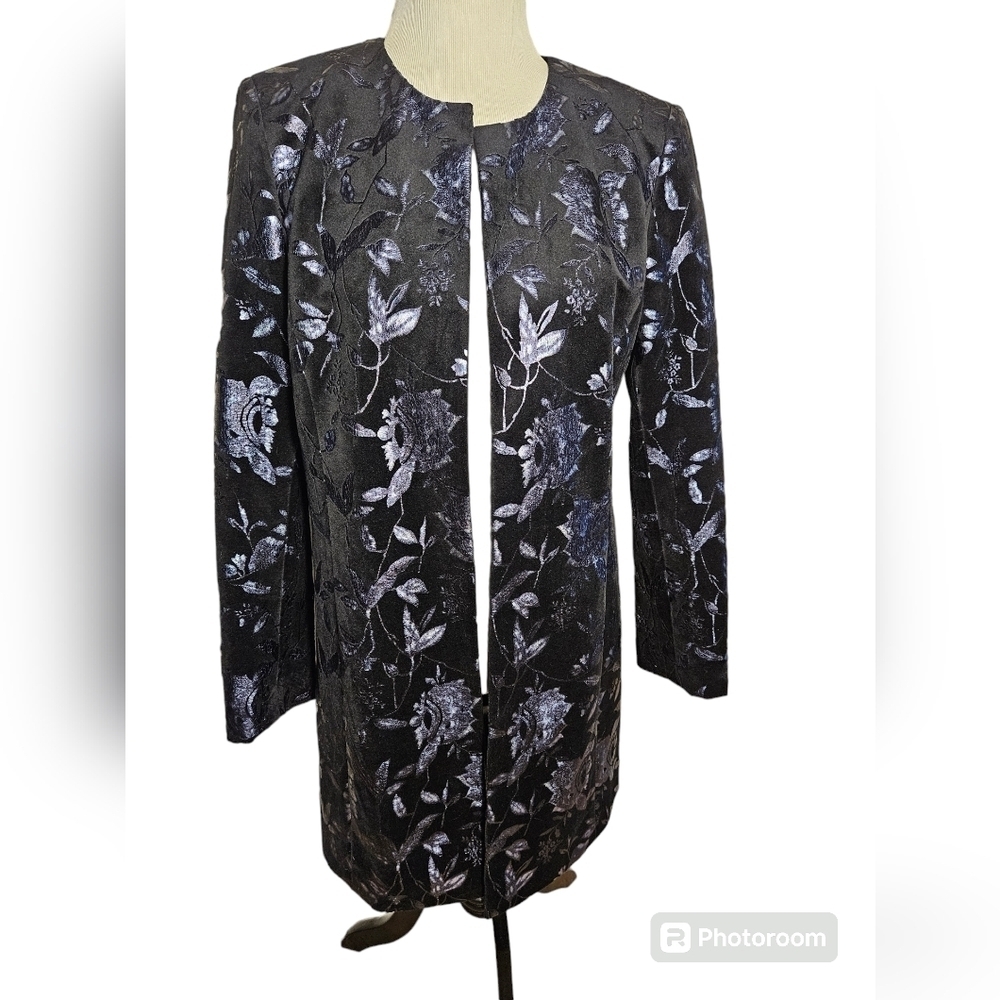 Tahari Black Floral Jacquard Long Blazer